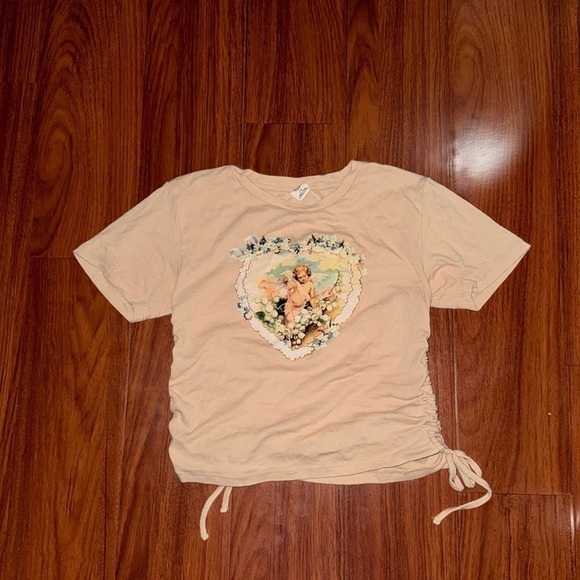 Urban outfitters angel cherub heart ruched t-shirt tee crop top beige neutral L - Picture 2 of 9
